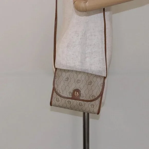 Christian Dior Honeycomb Canvas Shoulder Bag PVC Beige Gold Auth sw1104